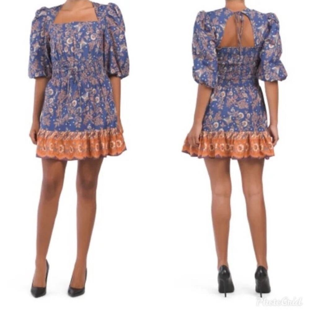 NWT House Of Harlow Boho Peasant Smocked Dress Paisley Blue Orange Cotton Small